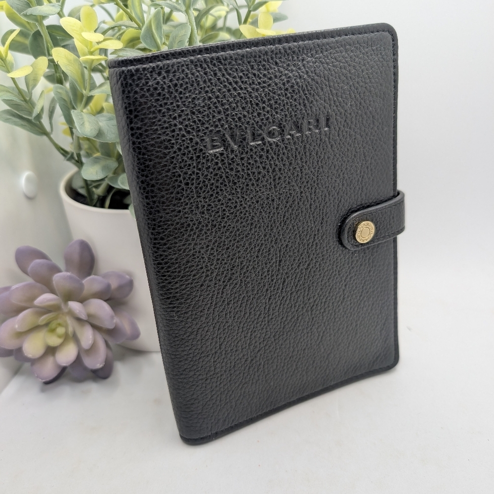 Bvlgari Vintage Black Grained Leather Pocket Agenda Planner Cover • Made in Ital